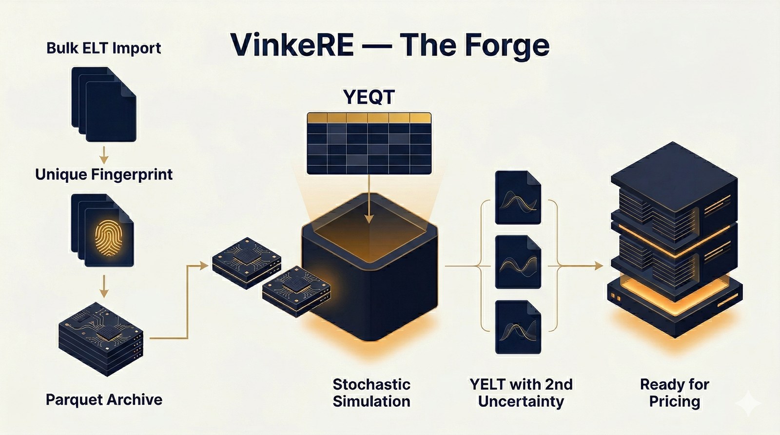 VinkeRE — The Forge: bulk ELT import, unique fingerprint, Parquet archive, stochastic simulation with YEQT, YELT with secondary uncertainty, ready for pricing